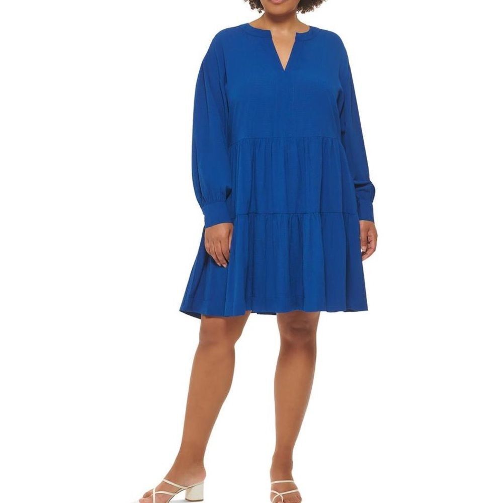 Calvin Klein Blue Tiered Dress Long Sleeve A-Line Peasant Tie Back Sz 14W NWT
